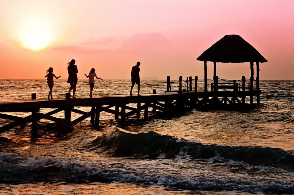 family, children, woman, nature, man, happy, ocean, holiday, pier, silhouette, sunrise, beach, dock, brown beach, brown happy, brown sea, brown sunrise, brown ocean, brown happiness